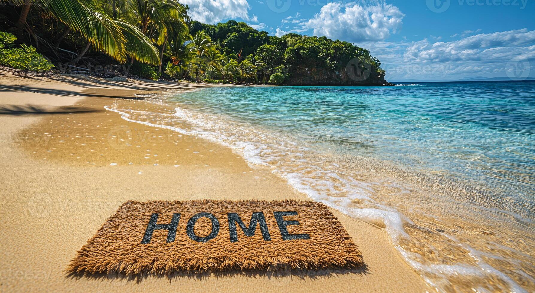 Welcome mat at a serene beach location. A welcome mat reading 'HOME' rests on golden sand, with gentle waves lapping at its edges under a clear blue sky. photo