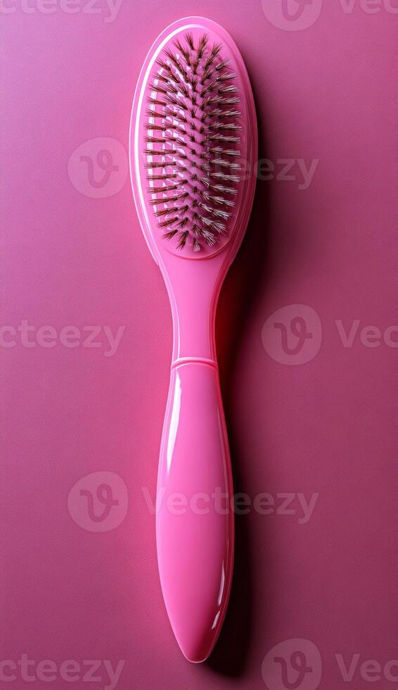 Bright pink hairbrush on smooth surface. Soft pink hairbrush placed on a smooth, vibrant pink backdrop, showcasing its sleek design and bristles. photo