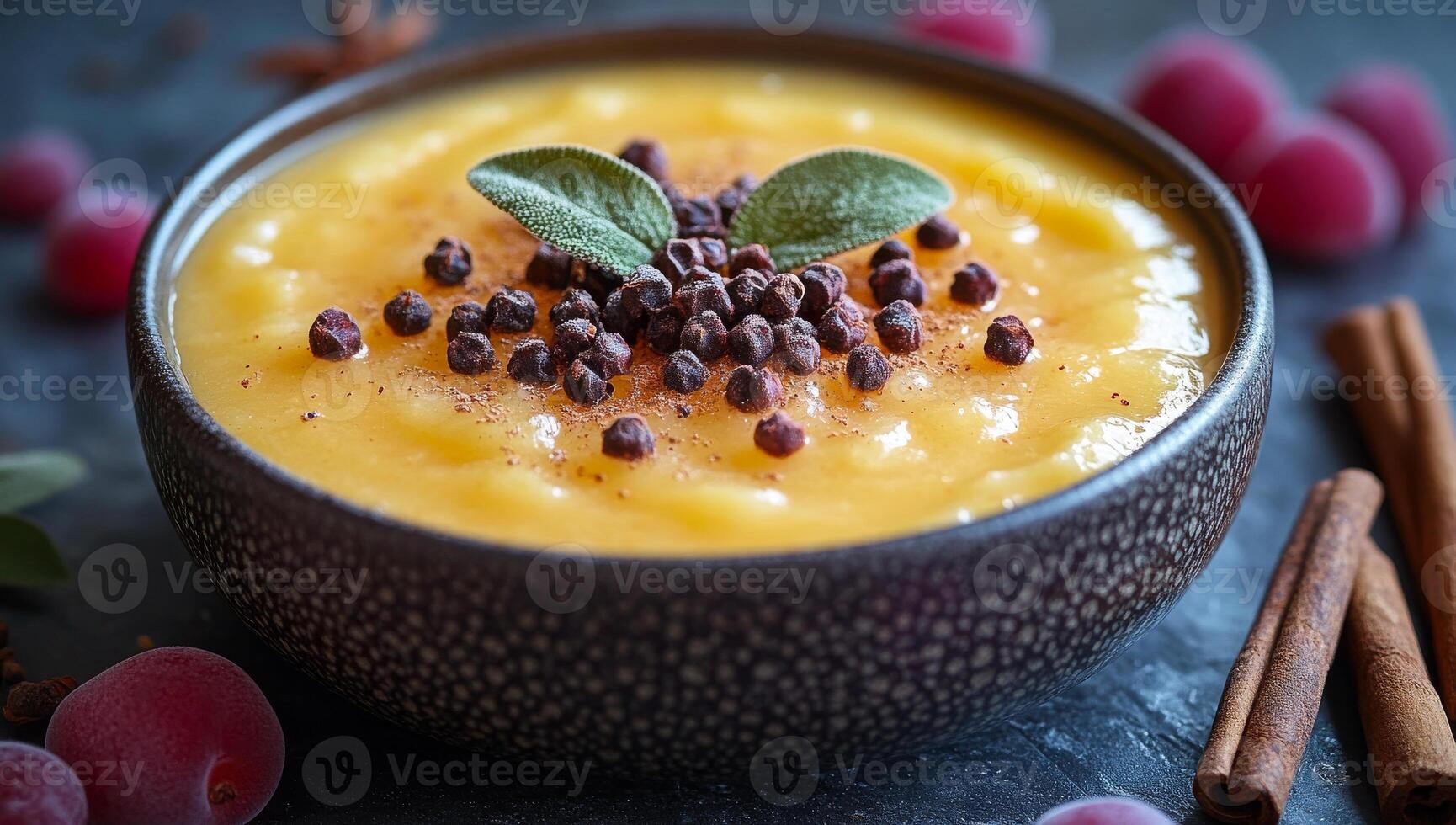 Delicious creamy dessert in a dark bowl. A creamy yellow dessert with chocolate bits and sage leaves in a dark bowl, surrounded by raspberries. photo