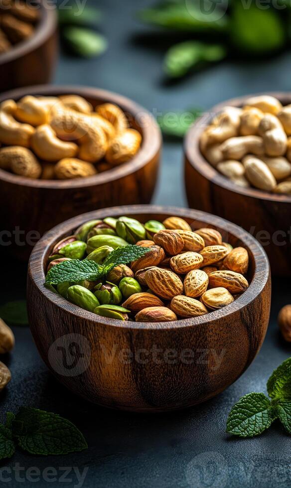 Colorful variety of nuts in wooden bowls. Assorted nuts in wooden bowls are garnished with fresh mint leaves, creating a vibrant and inviting display. photo