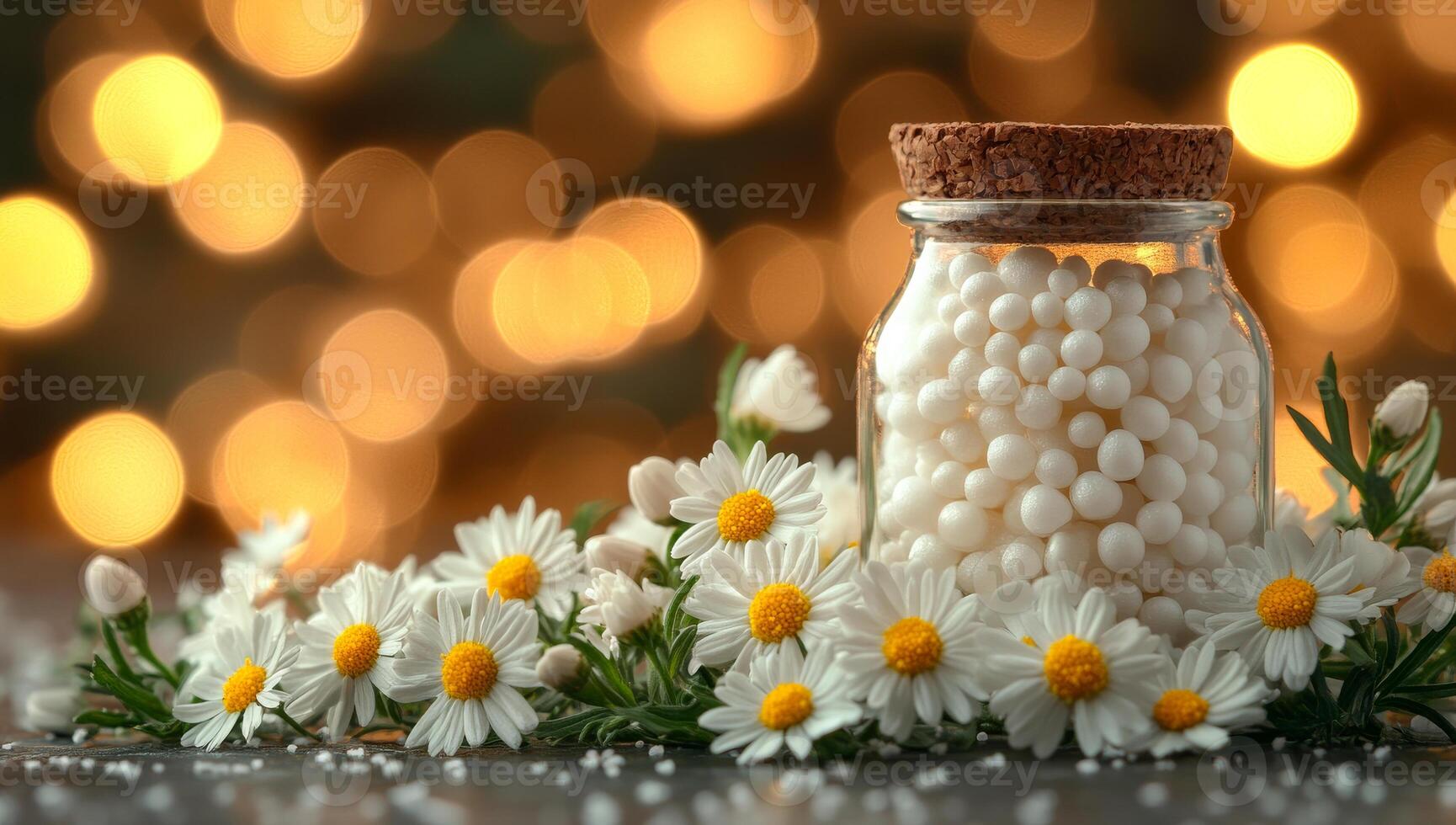 Decorative jar with pearls and flowers. White pearls in a corked jar are surrounded by fresh daisies, creating a tranquil and elegant display. photo
