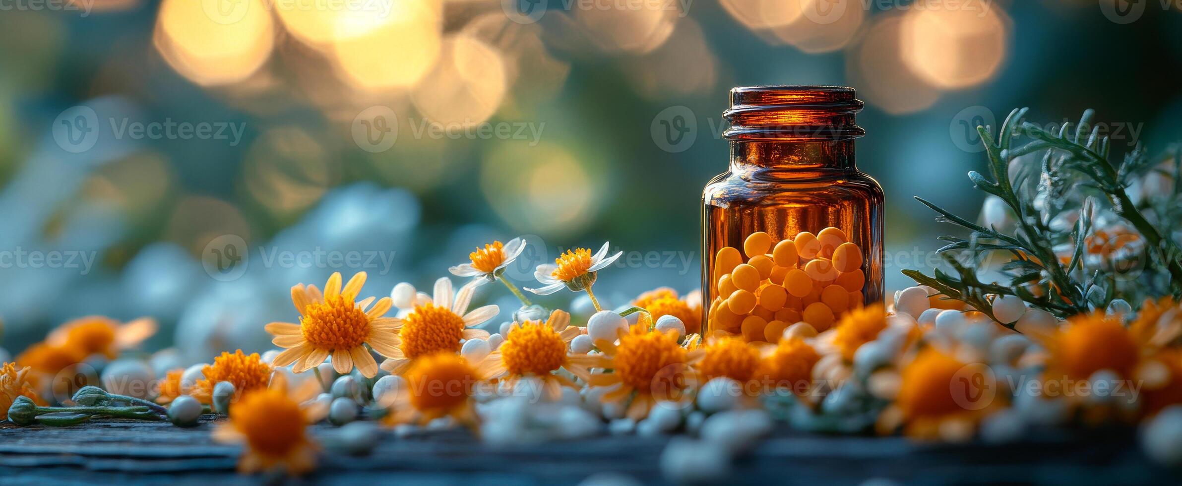 Herbal flower remedies. Bottles filled with pellets sit among vibrant flowers in a serene garden, capturing the essence of natural healing. photo