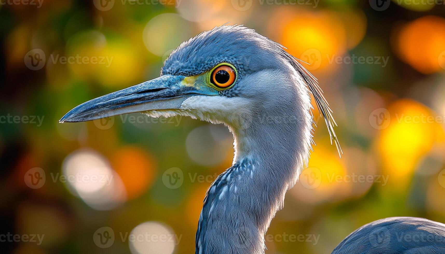 Majestic heron with striking features. A close-up view of a heron showcasing its elegant plumage and bright eye against a blurred colorful background. photo