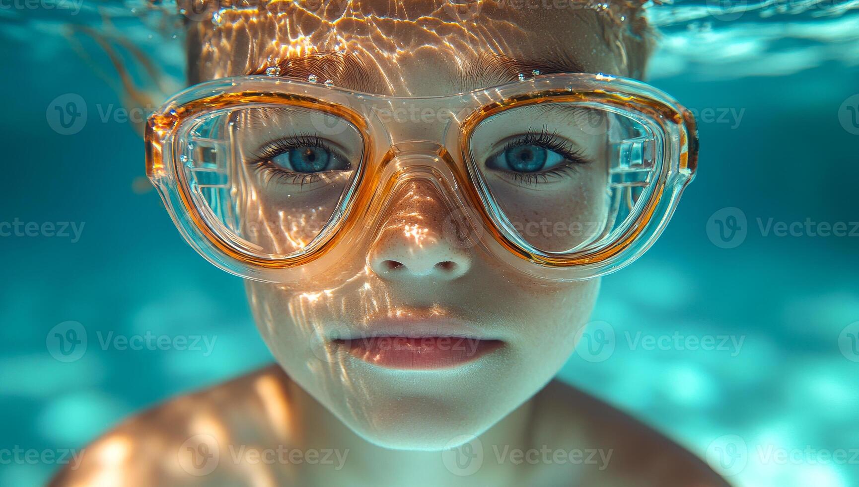 Kid exploring underwater with goggles. A young child dives underwater, wearing clear goggles, exploring a shimmering pool on a sunny day. photo