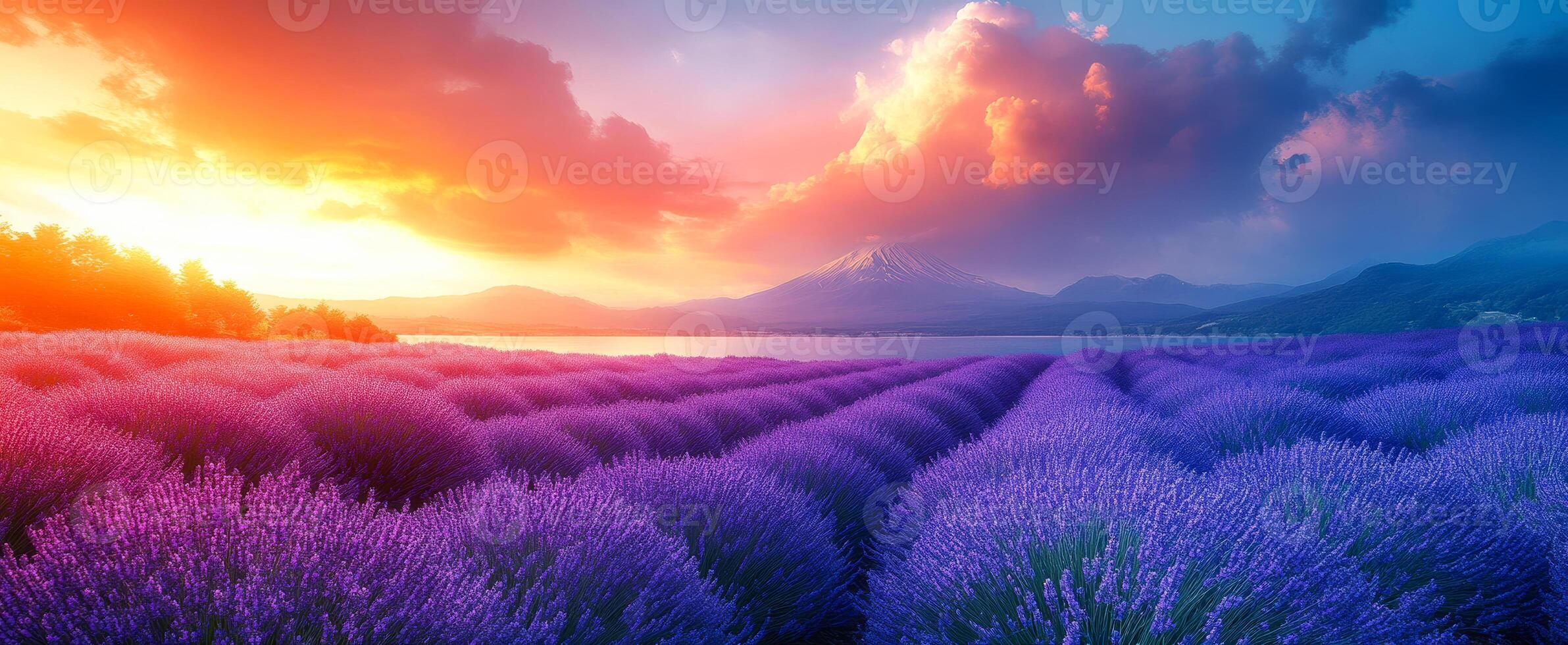 Lavender fields bloom under a sunset sky. Purple lavender stretches across the landscape as the sun sets, illuminating the mountains and lake nearby. photo