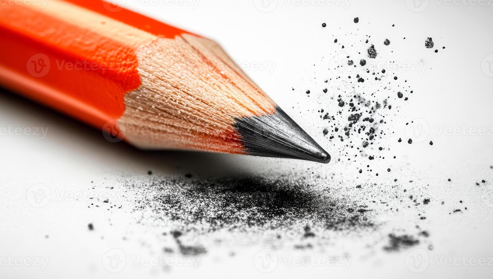 Close-up of a sharpened orange pencil. A sharpened orange pencil lies on white paper, surrounded by graphite dust near its tip. photo