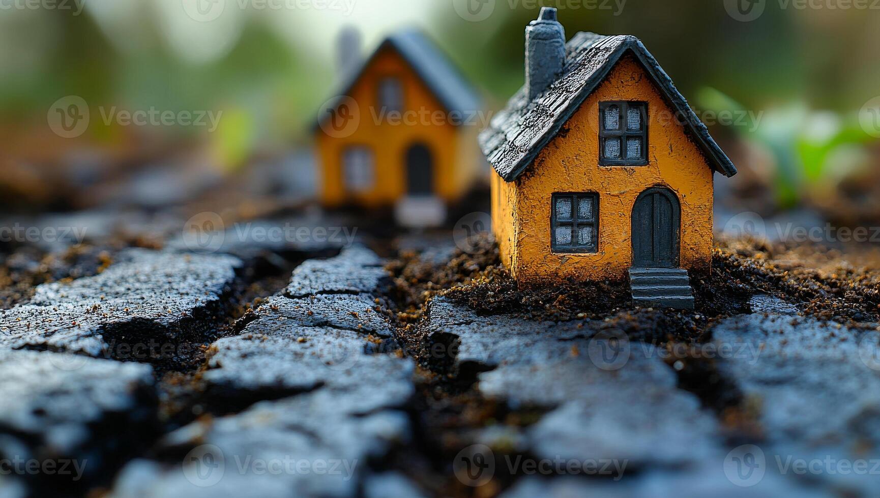 Tiny houses on dry soil. Two small, yellow houses are placed in dry, cracked soil, symbolizing challenges faced in a changing landscape. photo