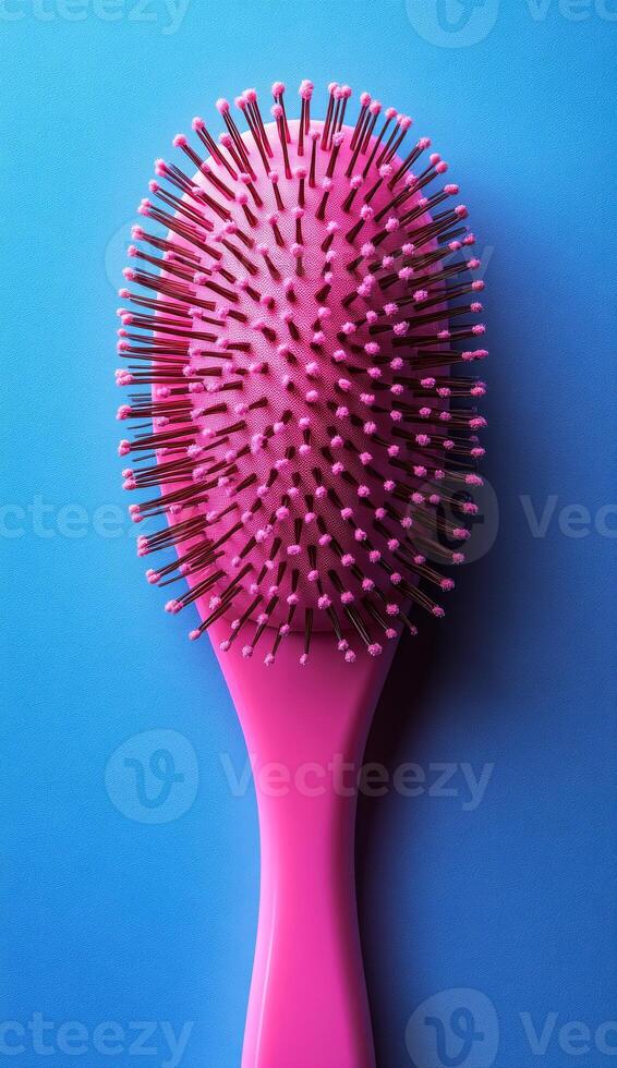 Pink hairbrush on blue bg. A vibrant pink hairbrush with bristles lies flat against a smooth blue surface, showcasing its unique design and color. photo