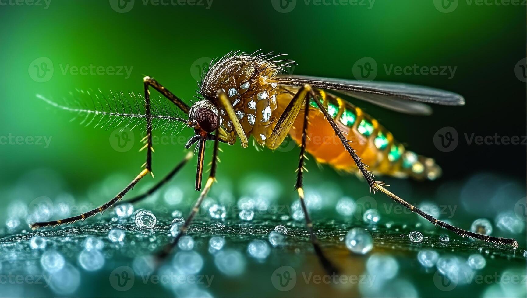 Mosquito on a leaf.close-up. A mosquito rests on a leaf covered in dew, showcasing its intricate body details in a natural environment. photo