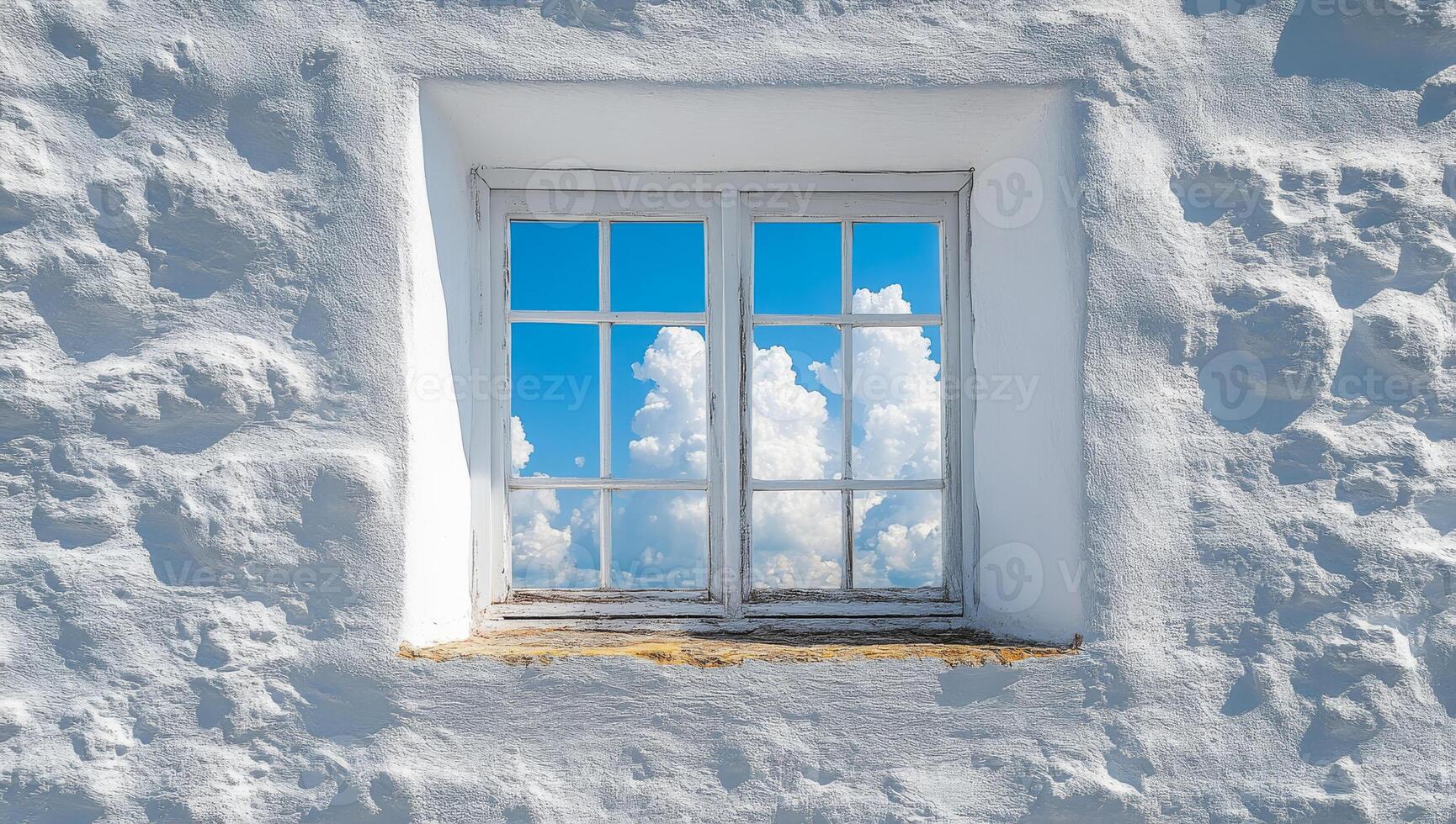 Bright window overlooking a blue sky. A whitewashed wall features a bright window framed by fluffy clouds and a vivid blue sky outside. photo