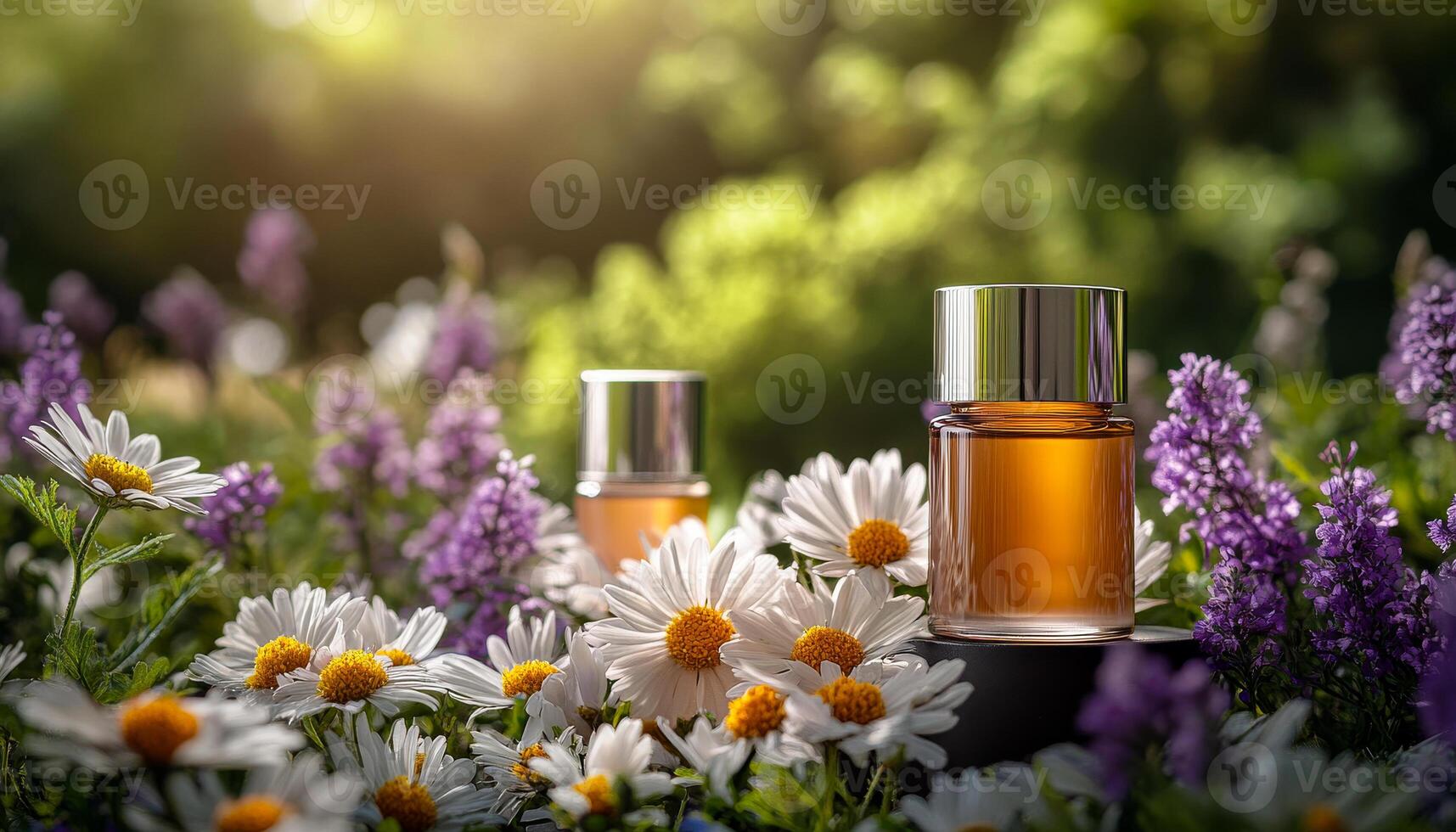 Fragrant bottles among blooming flowers. Two elegant bottles sit nestled in a colorful flower garden during golden hour, showcasing nature and beauty. photo