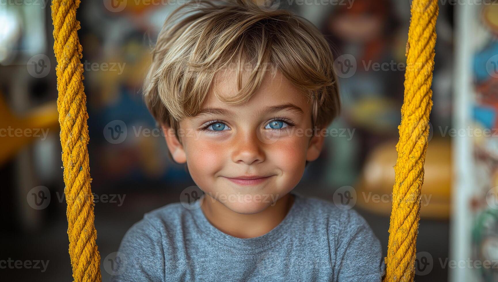 Young boy smiling on playground swing. A joyful blue-eyed boy swings at a vibrant playground, radiating happiness and innocence. photo