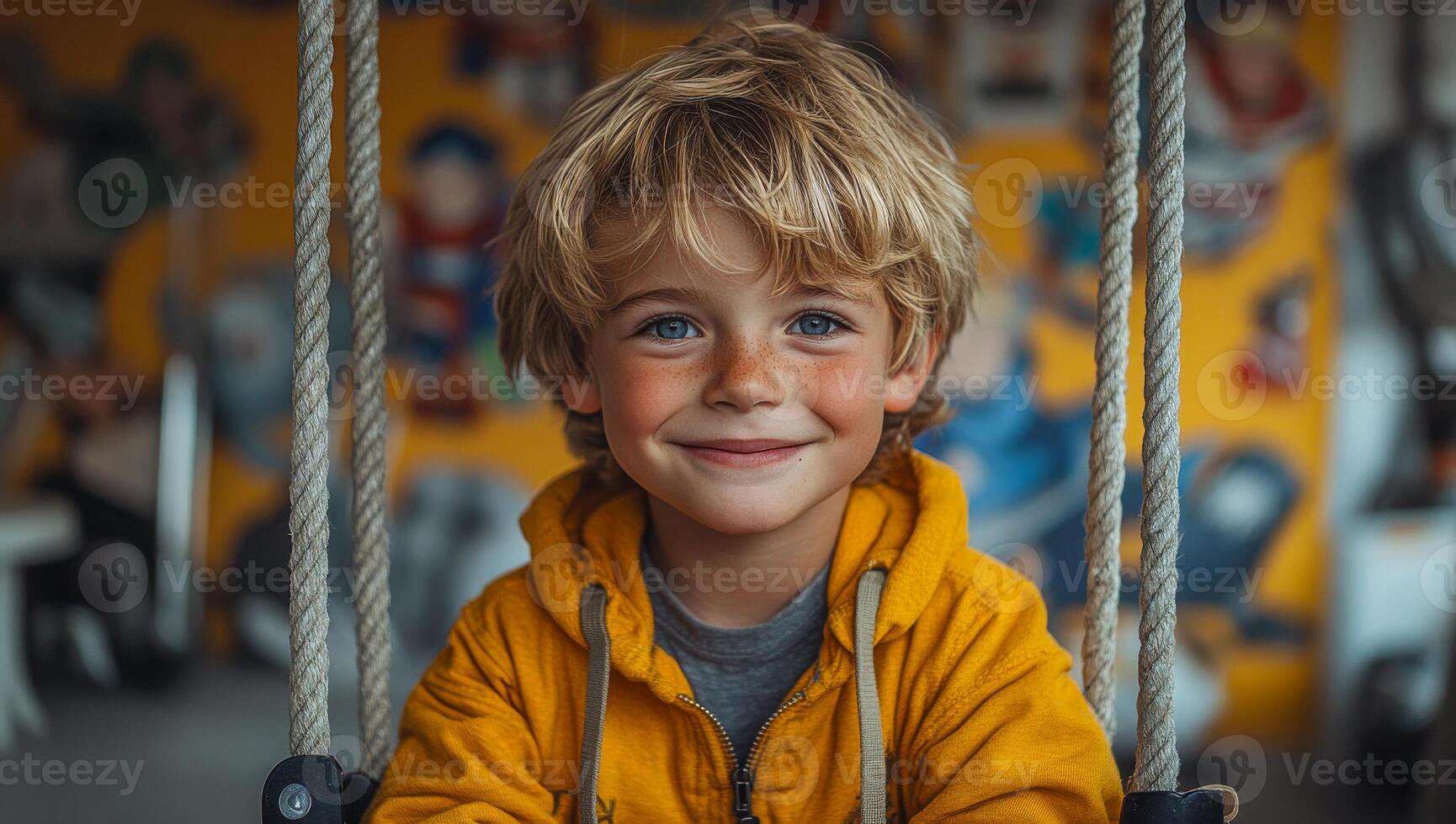 Smiling child on a swing in a play area. A young boy with blonde curls enjoys swinging in a vibrant indoor play area filled with colorful decorations. photo