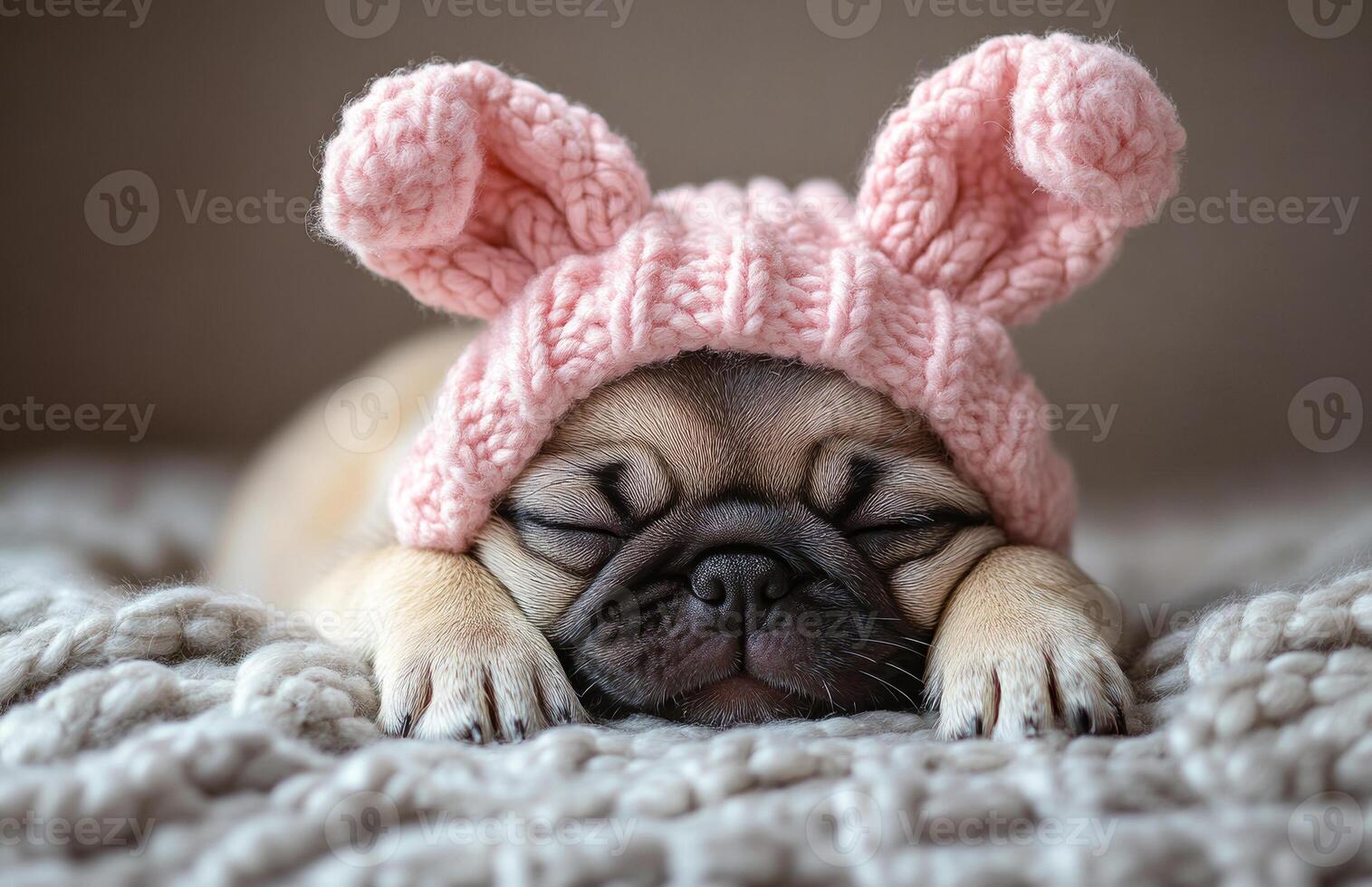 Adorable sleeping pug with bunny hat. A small pug sleeps peacefully on a cozy blanket while wearing a pink bunny hat, showcasing its cuteness and comfort. photo
