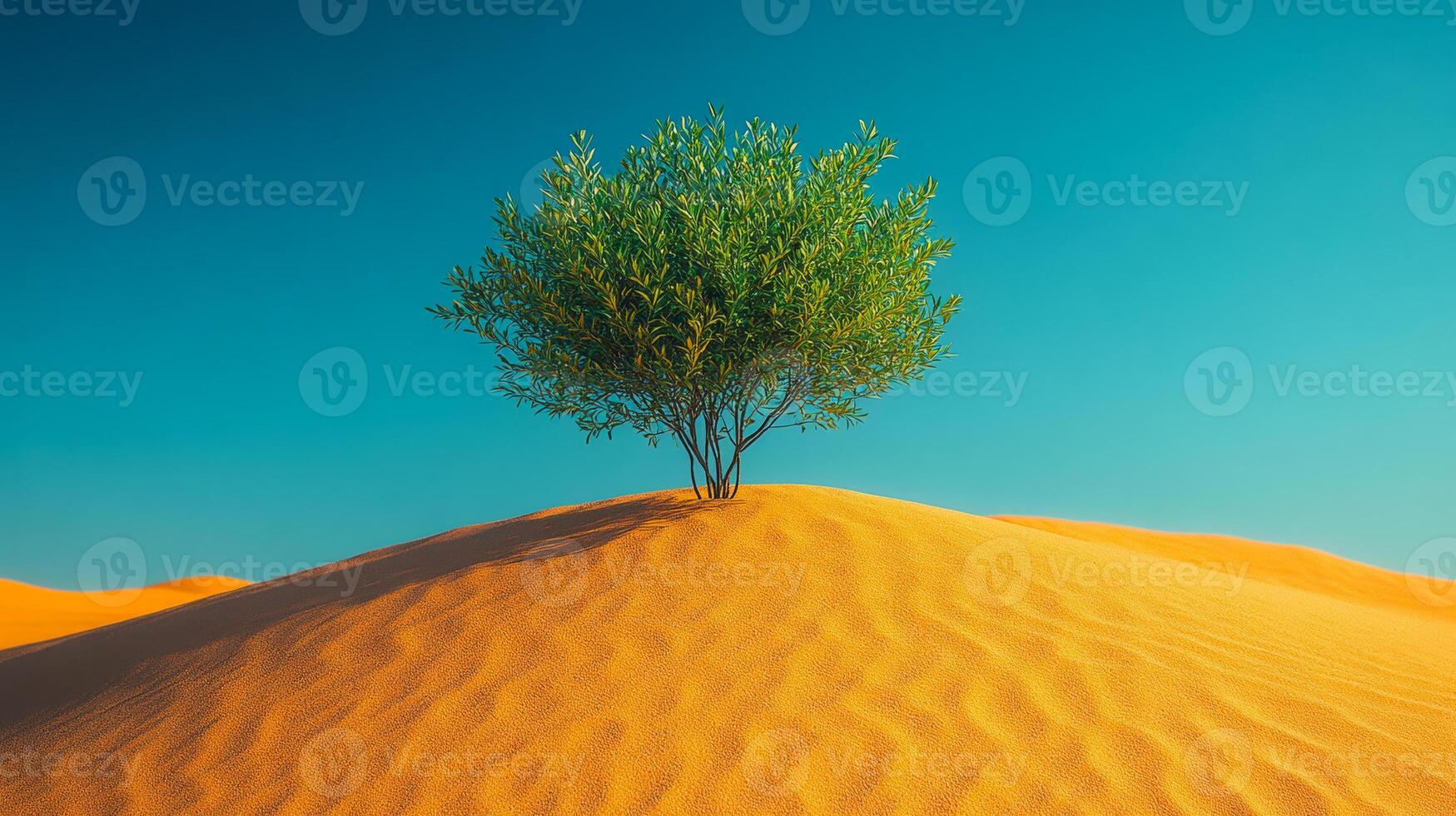 Lonely tree on sand dune. A green tree stands alone atop a golden sand dune, contrasting against a clear blue sky during daylight. photo