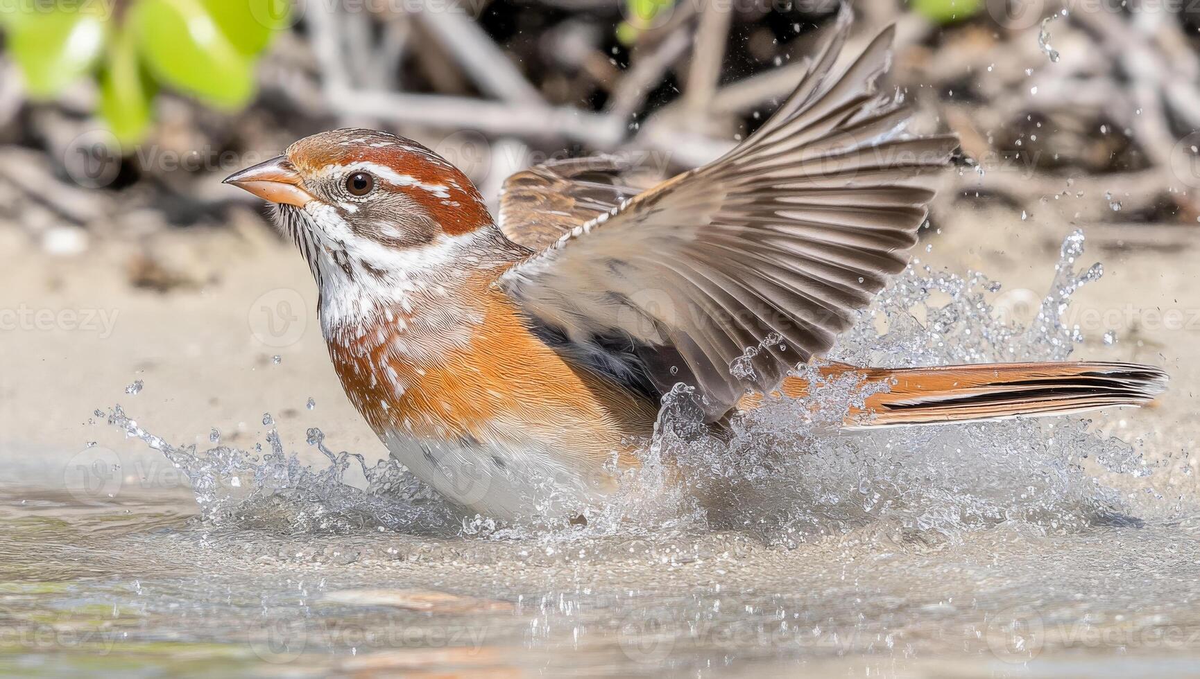 Bird splashing at sunrise. A colorful bird bathes joyfully in clear shallow water amidst lush greenery during the golden hour. photo