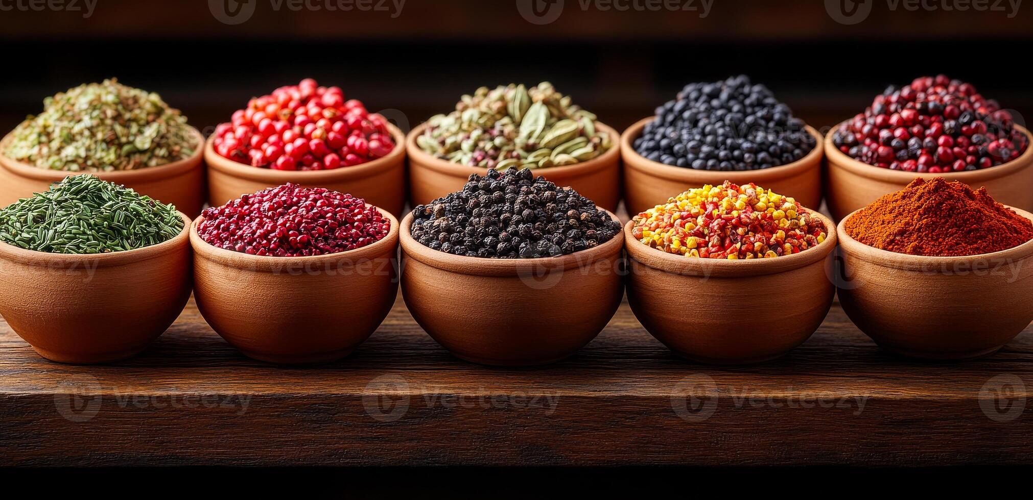 Colorful array of spices in bowls. Various spices are beautifully arranged in bowls on a wooden surface, showcasing rich colors and textures. photo