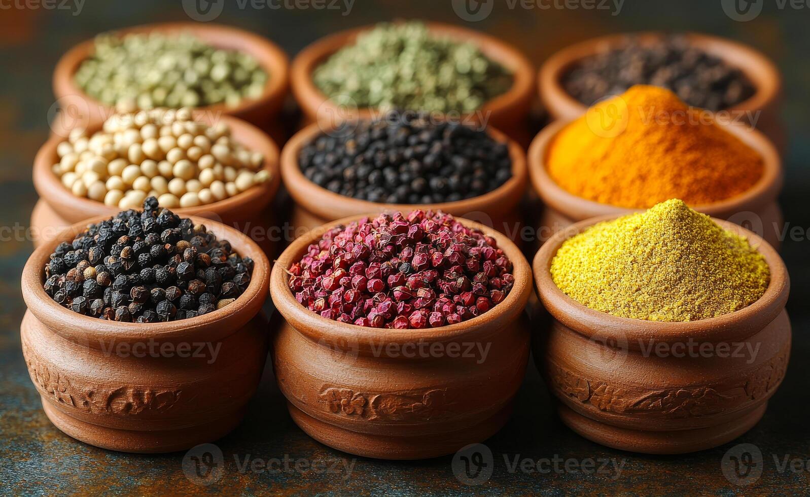 Vibrant spices in clay pots. Nine clay pots filled with various colorful spices arranged neatly, showcasing vibrant hues and distinct textures. photo