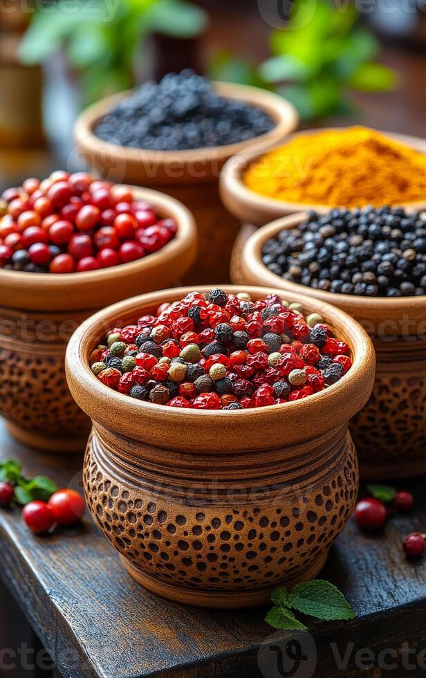 Colorful assortment of spices in bowls. An array of vibrant spices is displayed in decorative bowls on a wooden table, showcasing rich colors and textures. photo