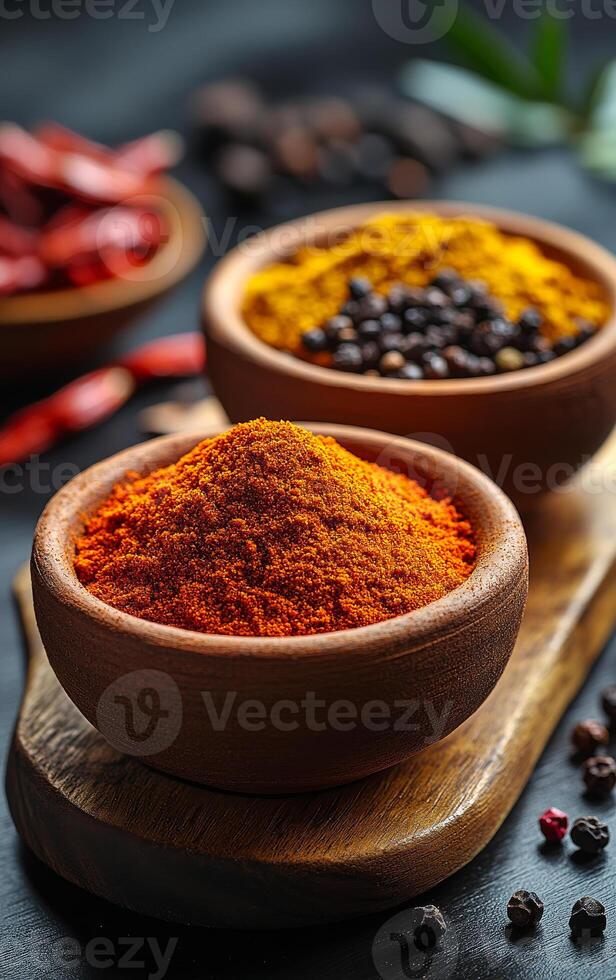 Vibrant spices displayed in rustic bowls. Bowls filled with colorful spices sit on a wooden board, highlighting the beauty of culinary ingredients in a kitchen. photo