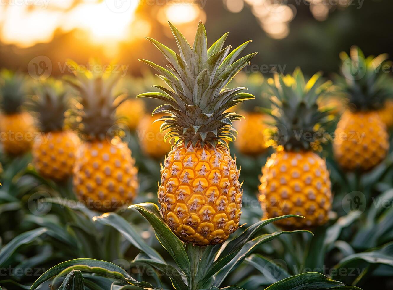 Sunset over golden fields. Pineapples thrive in a lush field, illuminated by the warm glow of the setting sun creating a picturesque landscape. photo