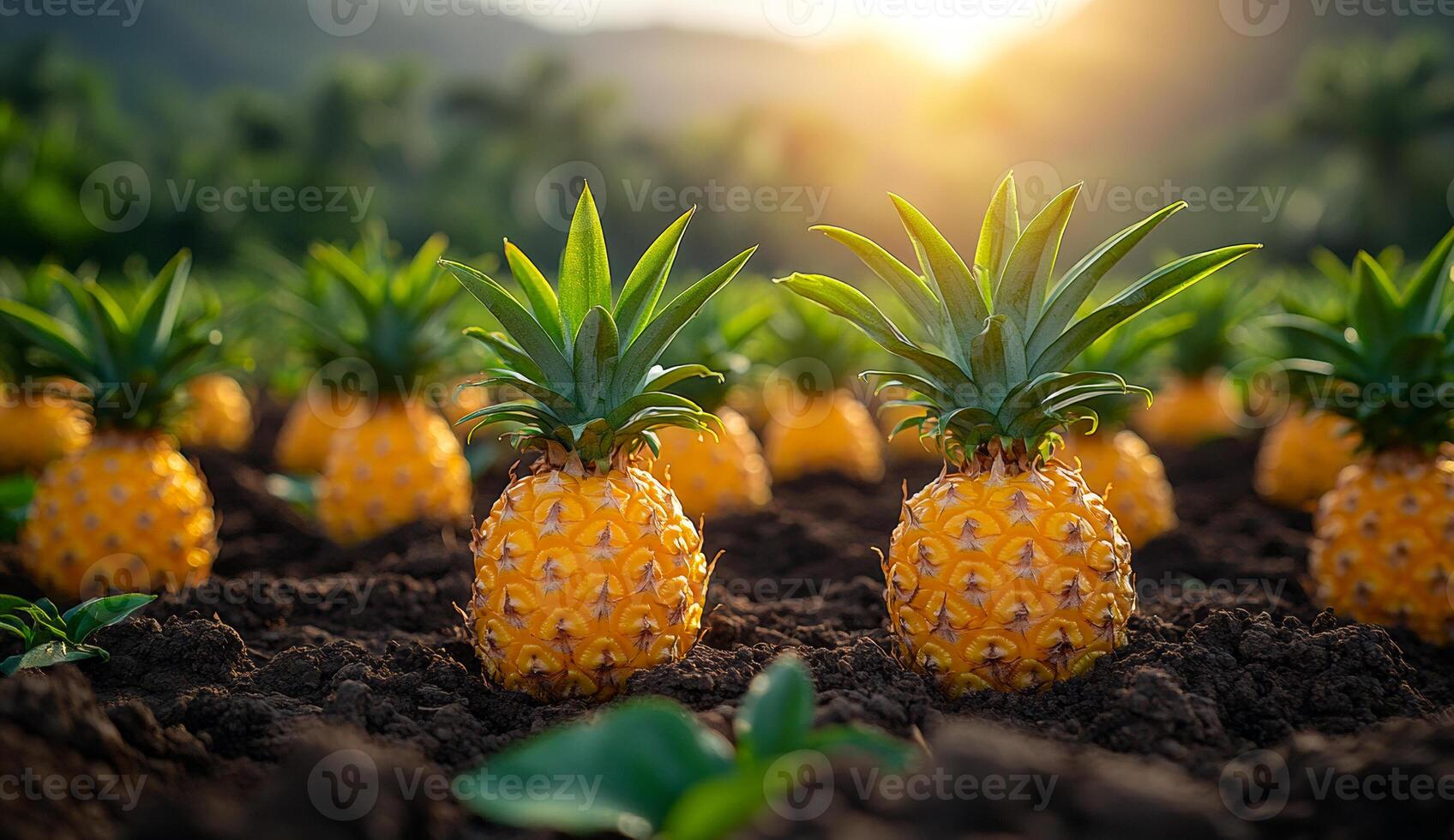 Pineapples thrive in sunlight. Rows of vibrant pineapples grow in rich soil under a warm sunset, creating a picturesque tropical landscape. photo