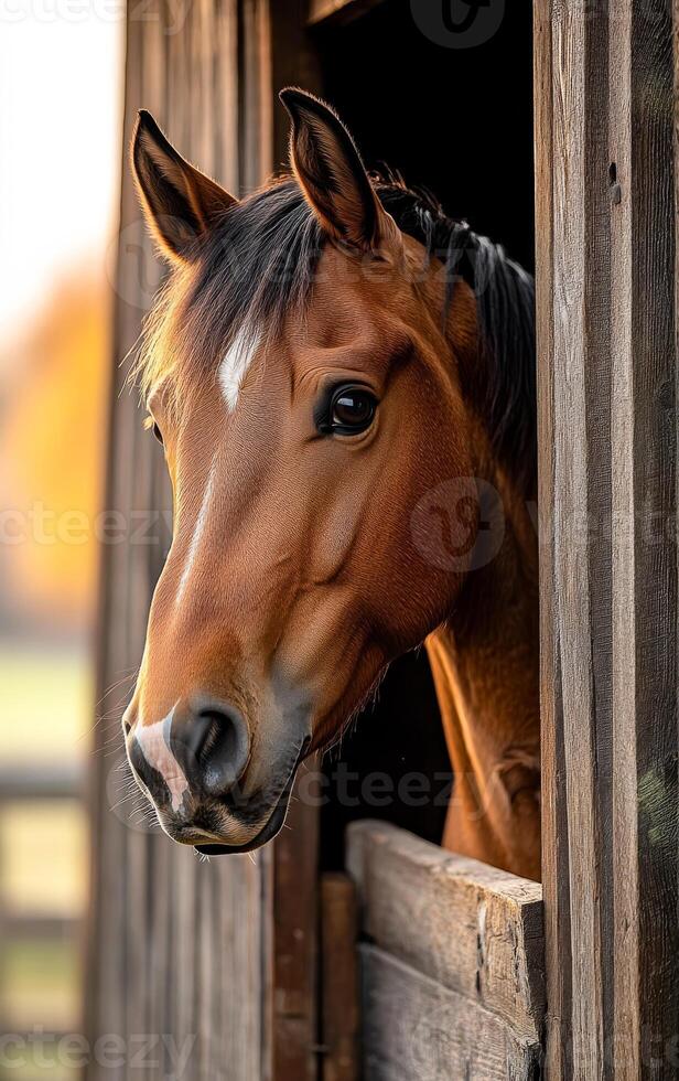Horse gazing from stable during sunset. A brown horse stands by the open stable door, looking out at the sunset with golden light illuminating the surroundings. photo