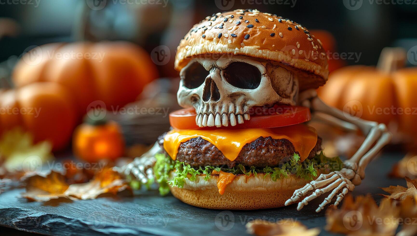 Halloween skeleton burger. A fun skeleton-themed burger adds a festive twist to Halloween, topped with vibrant ingredients and autumn decor. photo