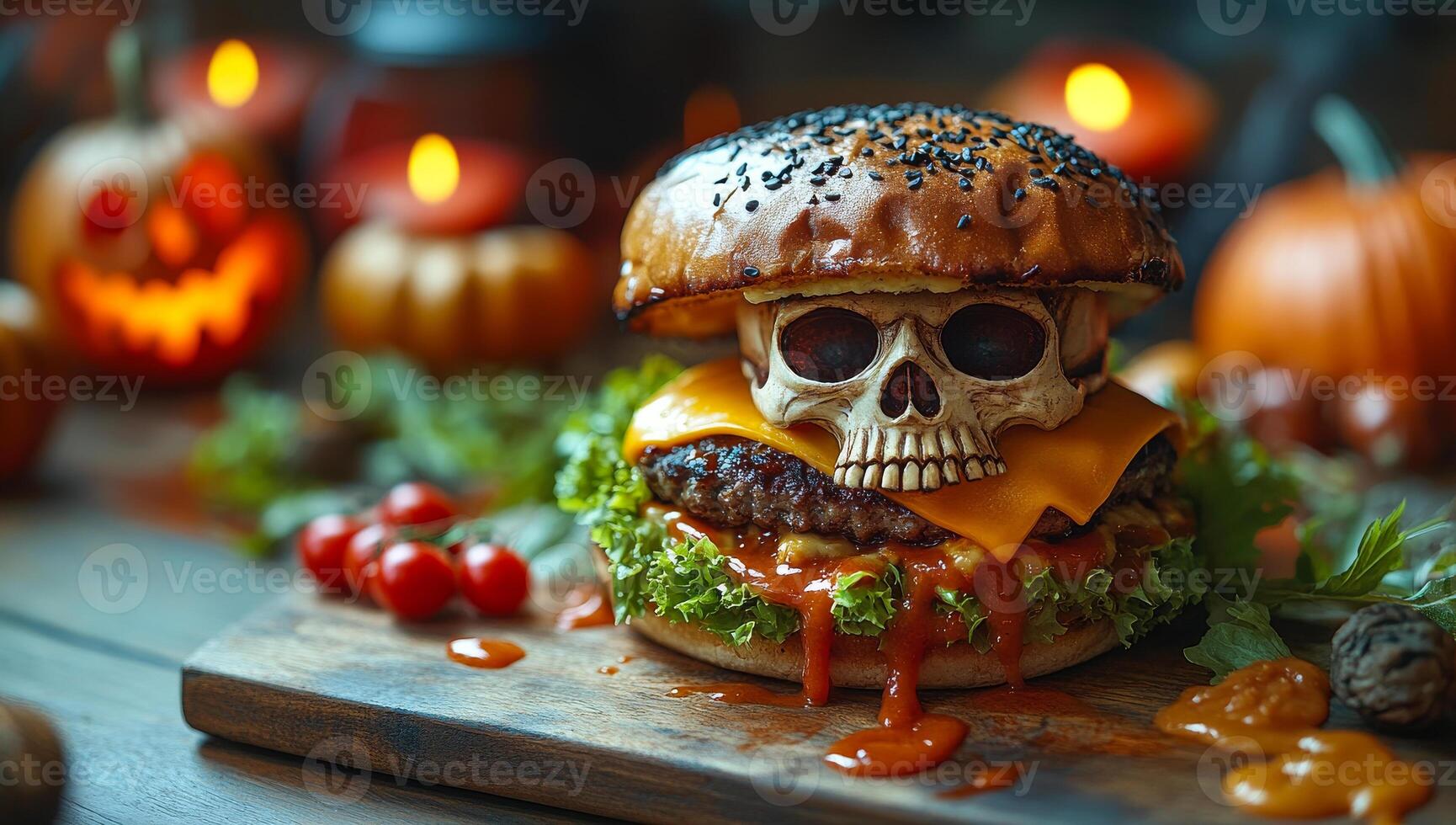 Skull-decorated Halloween burger. A Halloween burger topped with a skull, fresh lettuce, cheese, and festive pumpkins in the background. photo