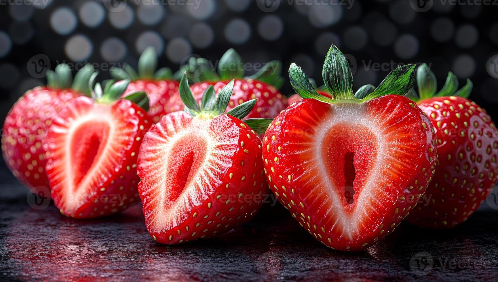 Fresh strawberries on dark bg. Bright red strawberries are sliced in half, showcasing their juicy interior against a blurred dark backdrop. photo