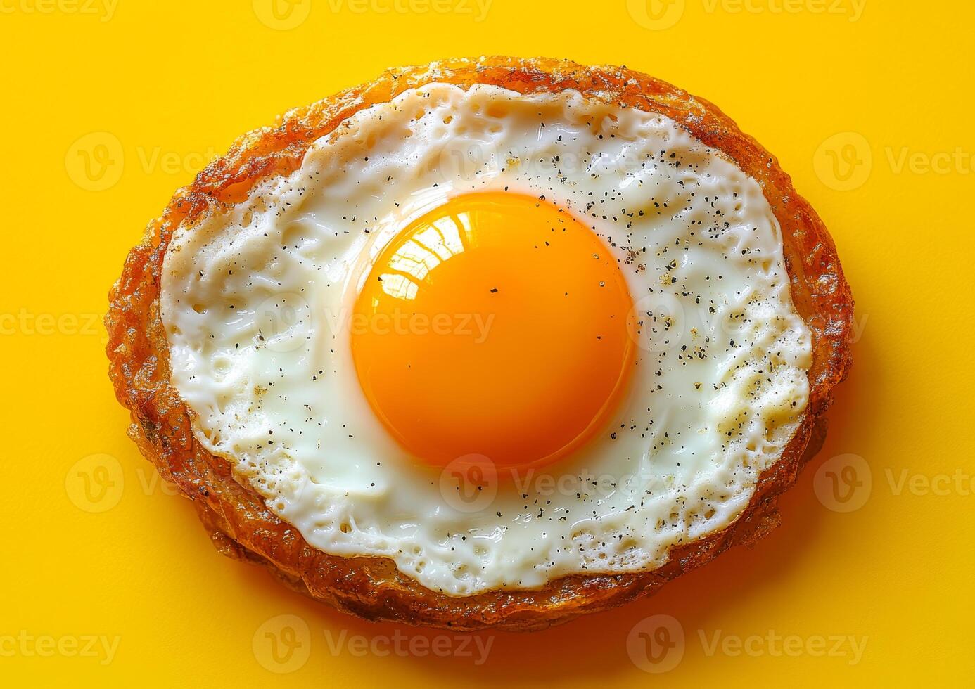 Fried egg on bright yellow background. A perfectly cooked fried egg with a vibrant yellow yolk sits on a yellow surface, inviting and appetizing. photo
