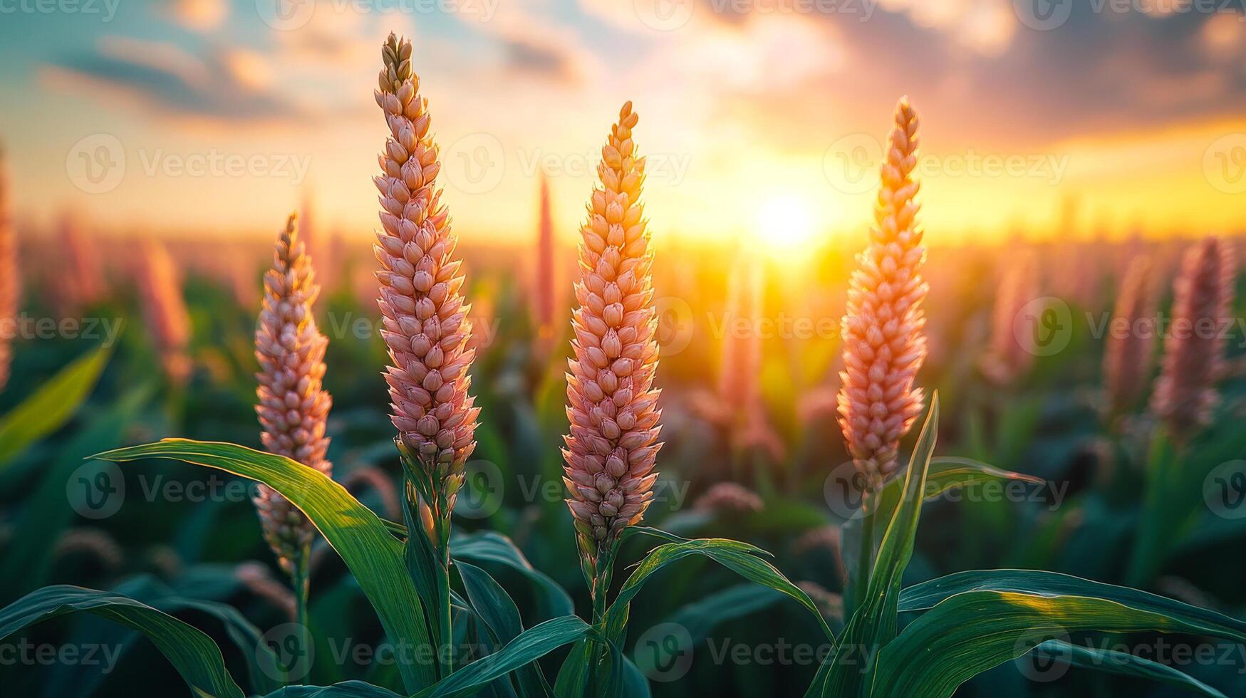 Sunset over a cornfield with tall stalks. Golden sunlight illuminates corn stalks standing tall in a lush field during a beautiful sunset. photo