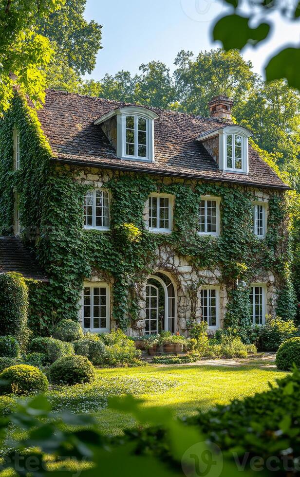 Charming ivy-covered house in nature. A beautiful house covered in ivy sits in a lush green landscape, surrounded by manicured shrubs and tall trees. photo