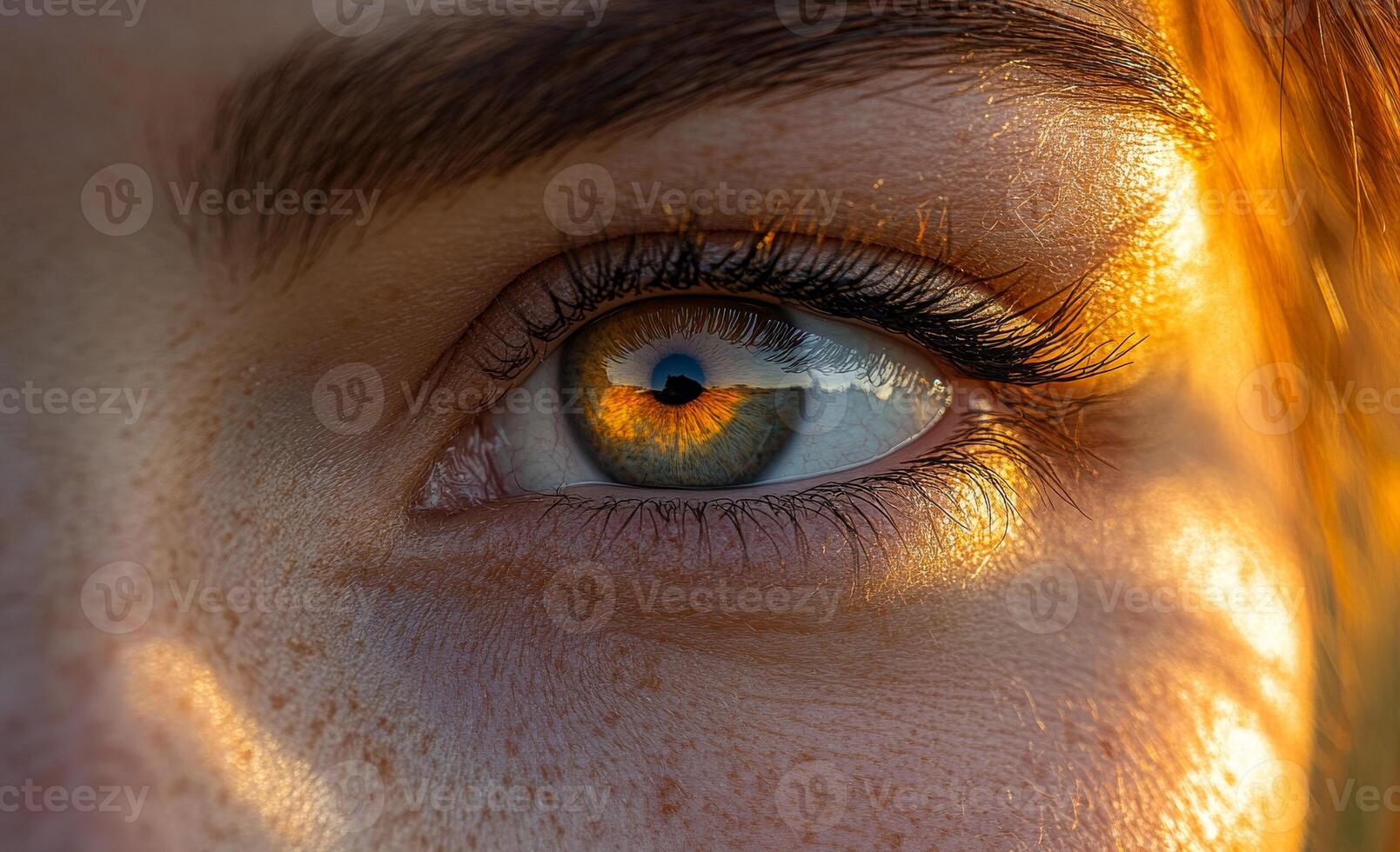 Beautiful close-up of a captivating eye. Close-up of a person's eye showcasing vibrant colors and intricate details with sunlight highlighting its features. photo