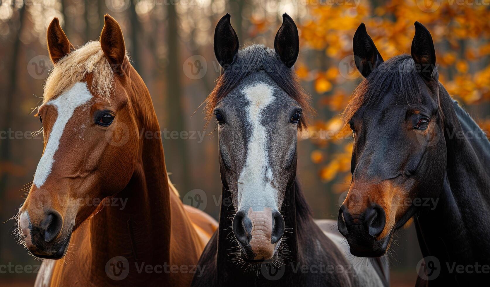 Horses posing together in autumn forest. Three horses stand close in a forest, surrounded by autumn leaves, highlighting their unique colors and expressions. photo