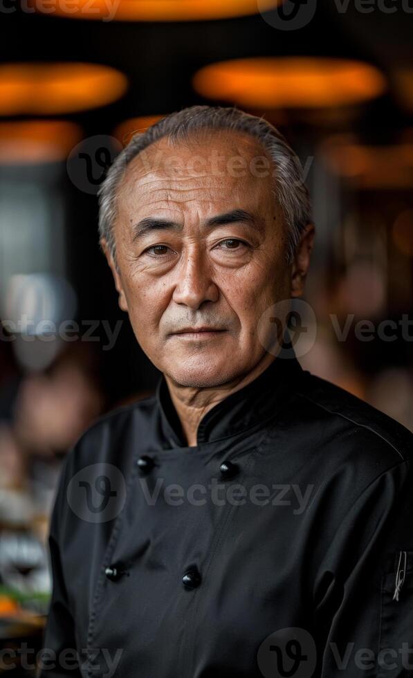 Chef highlights cooking skills. An experienced chef stands confidently in a busy restaurant, ready to create delicious dishes for diners. photo