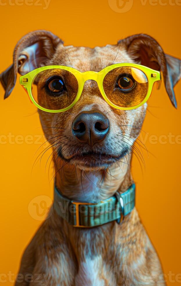 Dog wearing bright yellow sunglasses. A playful dog with yellow glasses poses against a vibrant orange background, showcasing a cheerful personality. photo