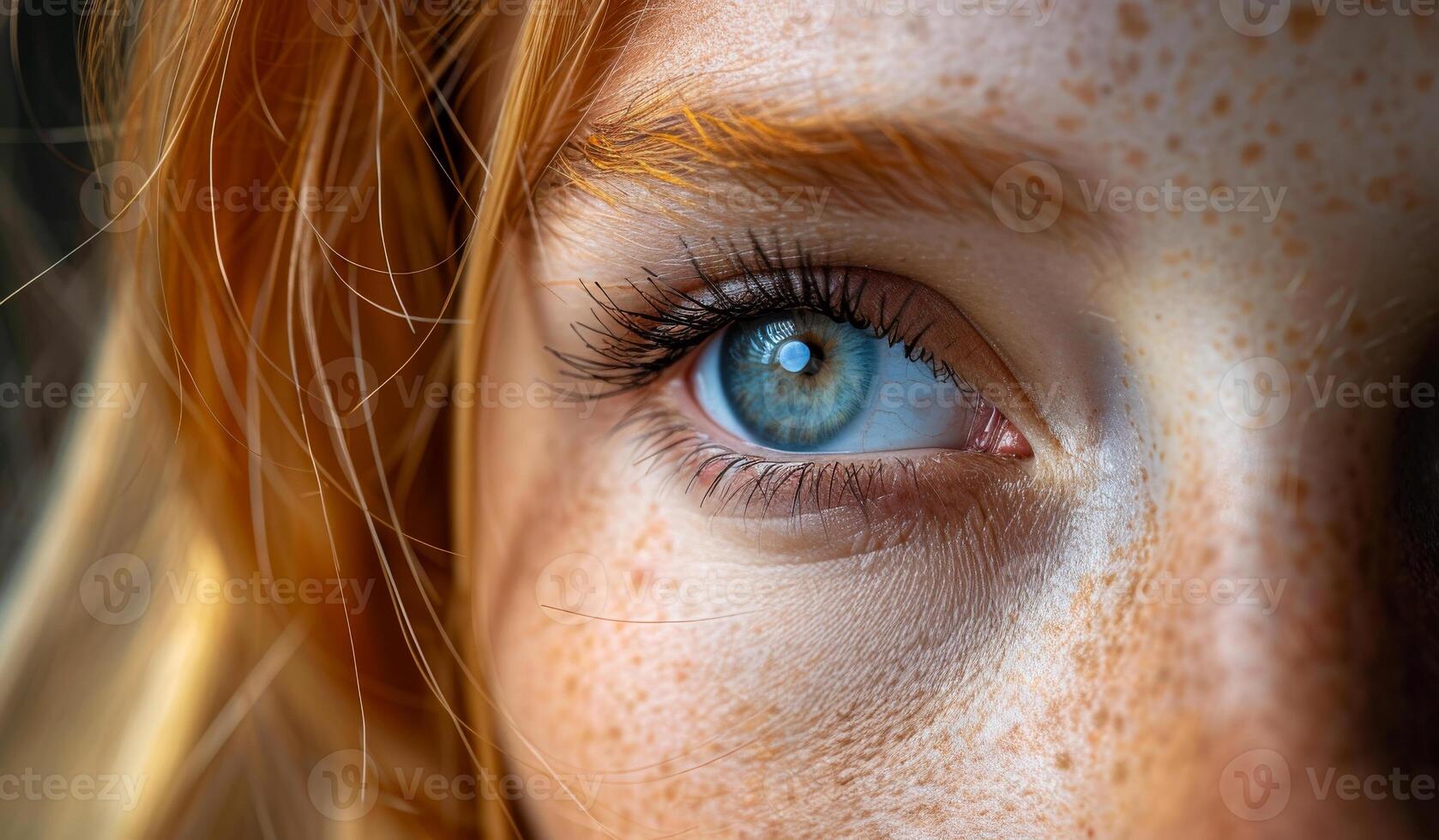 Close-up of blue eye and freckles. A young person with vibrant blue eyes and freckles gazes intently in natural light. photo