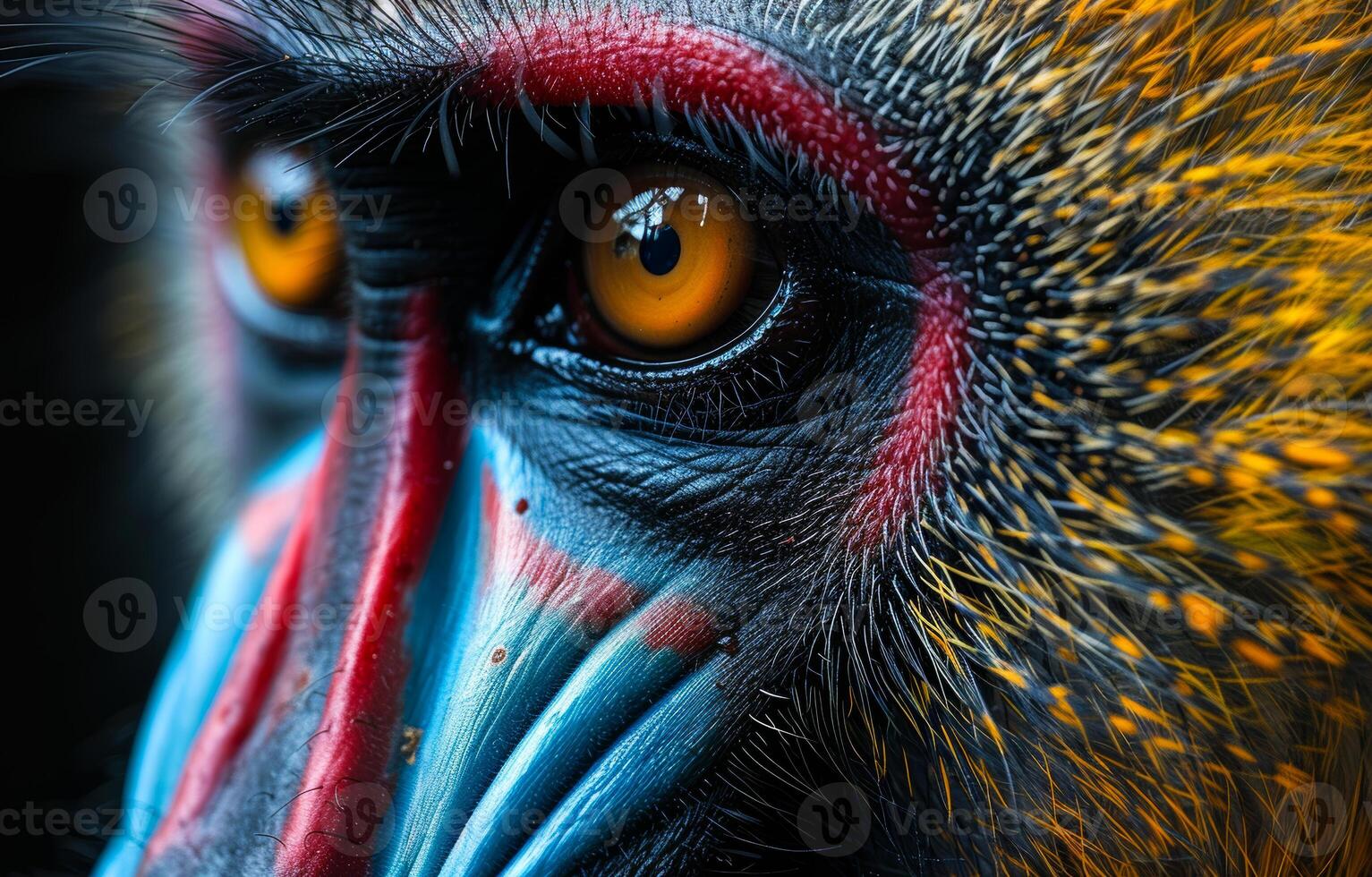 Close-up of a colorful baboon in nature. A vibrant baboon displays its striking features in a natural habitat during daylight hours, showcasing vivid colors. photo