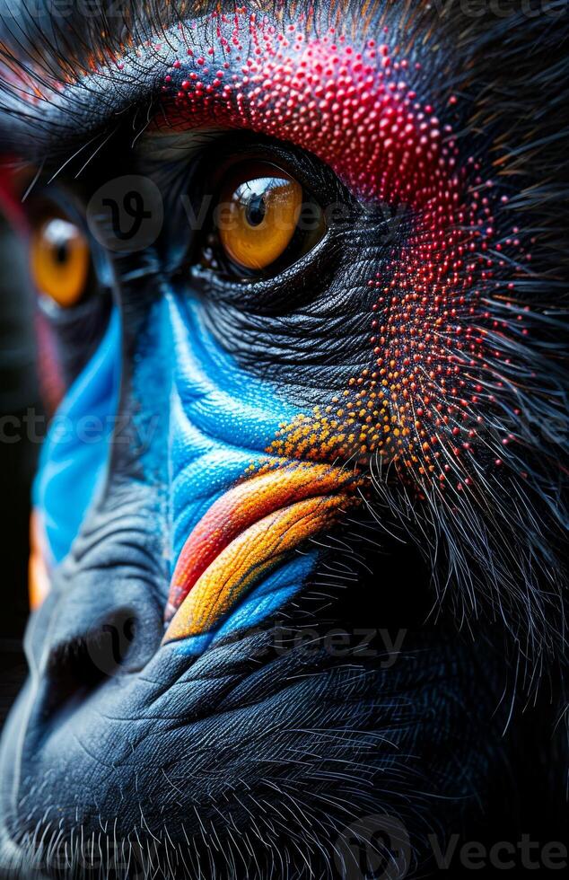 Vibrant close-up of a colorful monkey. A colorful monkey face with vivid blues, reds, and yellows against a backdrop of lush greenery. photo
