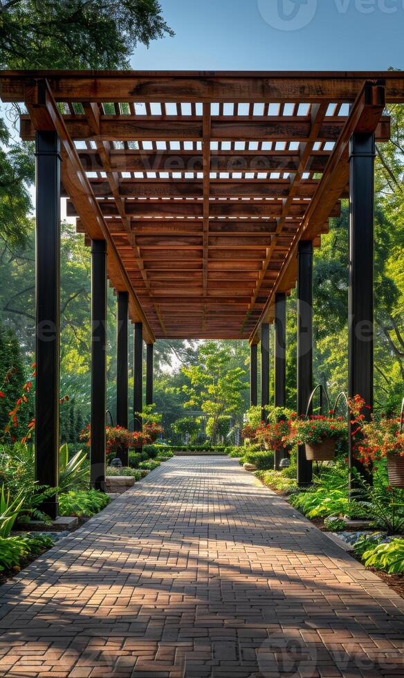 Lush garden walkway. A serene walkway lined with vibrant flowers and greenery invites visitors to explore the peaceful garden area. photo