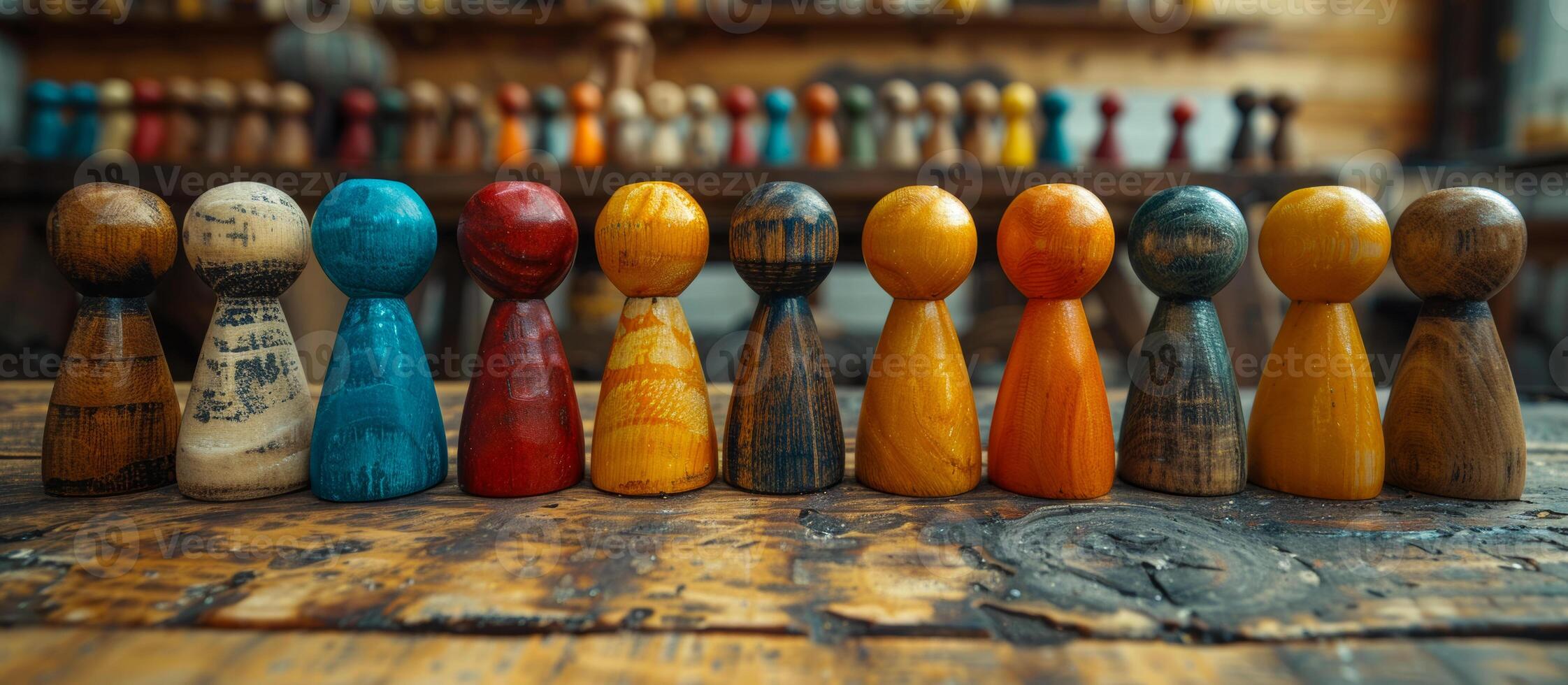 Wooden figures on a table. A collection of vibrant wooden figures stands lined up on a rustic table, showcasing various colors and designs. photo