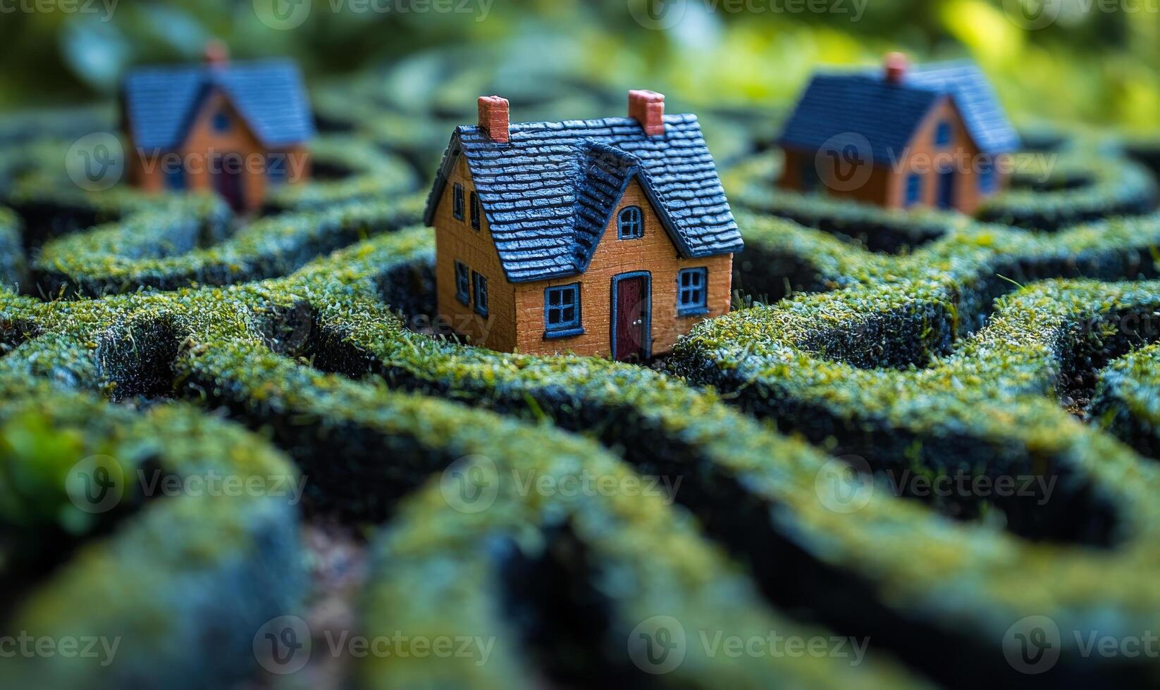 Hedge maze with tiny houses. Tiny houses are set within a lush, green hedge maze on a sunny day, creating an enchanting atmosphere. photo