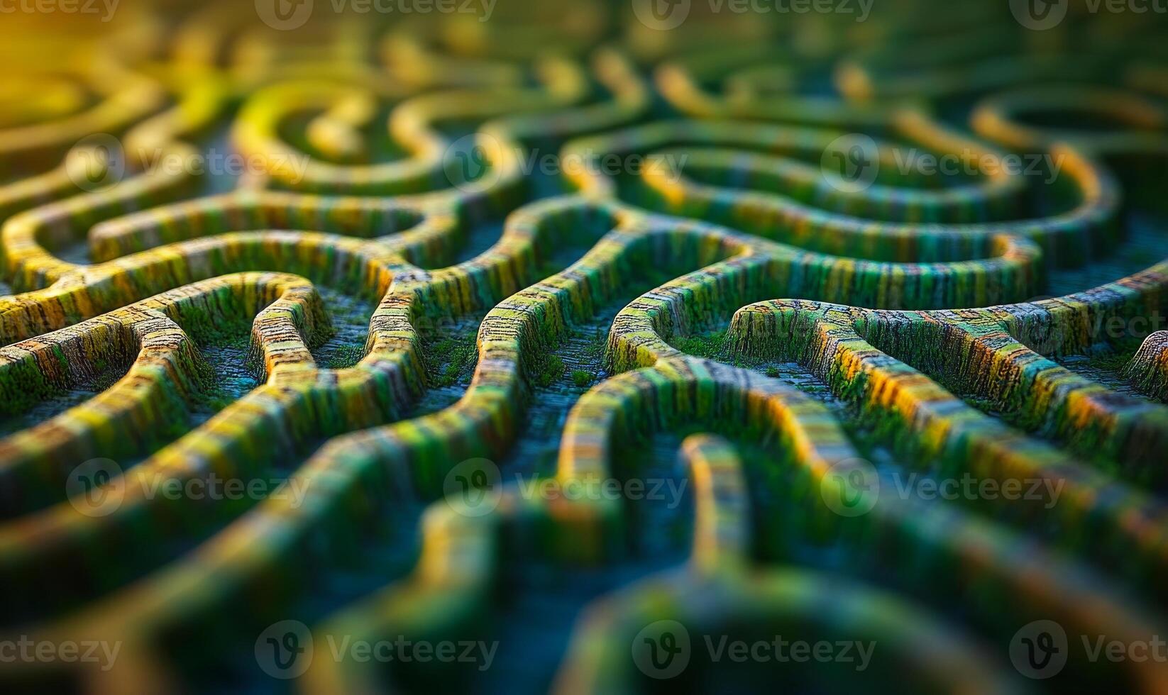 Intricate pattern of a green labyrinth. This design features a complex maze with winding paths and lush green textures in vivid detail and low sunlight. photo