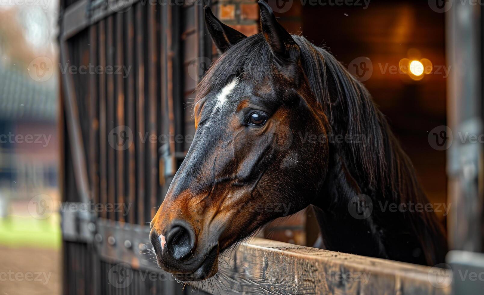Horse at stable at sunset. A horse peers curiously from its stable as the sun begins to set, casting warm light inside the barn. photo
