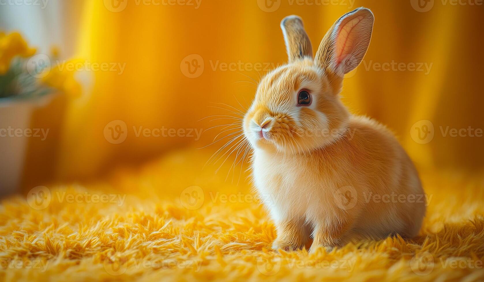 Rabbit on soft yellow ground. A small, fluffy rabbit with orange fur sits happily on a bright yellow surface, surrounded by warmth and light. photo