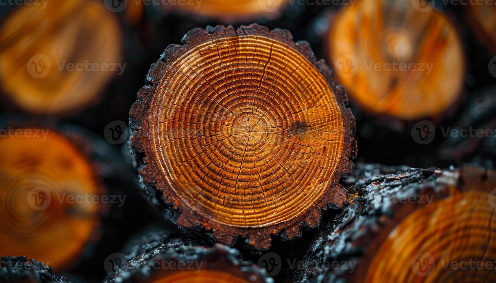Close-up view of freshly cut tree logs. Circular slices of tree trunks show detailed growth rings, revealing the age and health of the trees. photo
