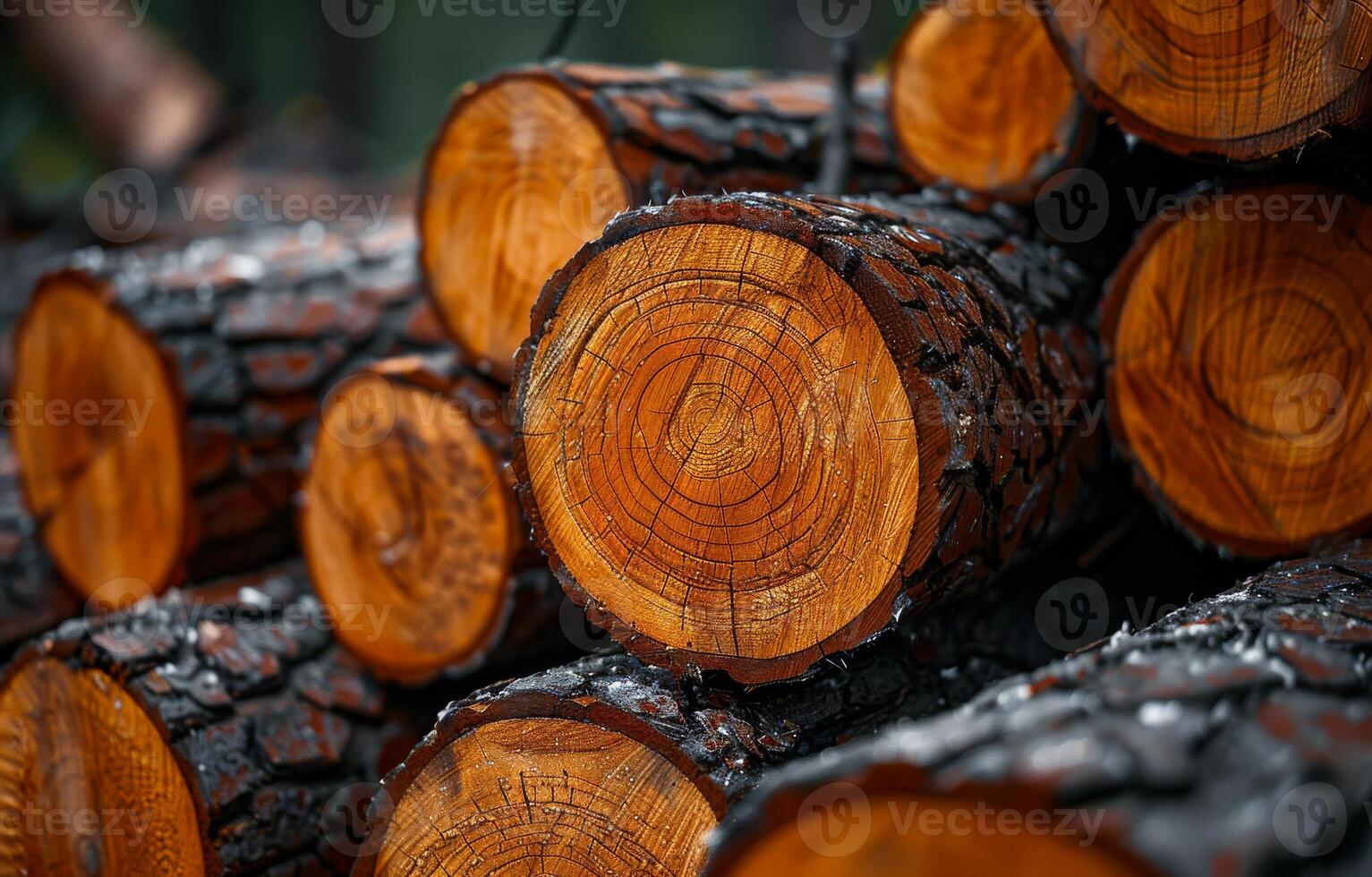 Organized log slice stack. Cut log slices reveal detailed rings, stacked neatly with natural textures, showcasing rich colors in a forest setting. photo