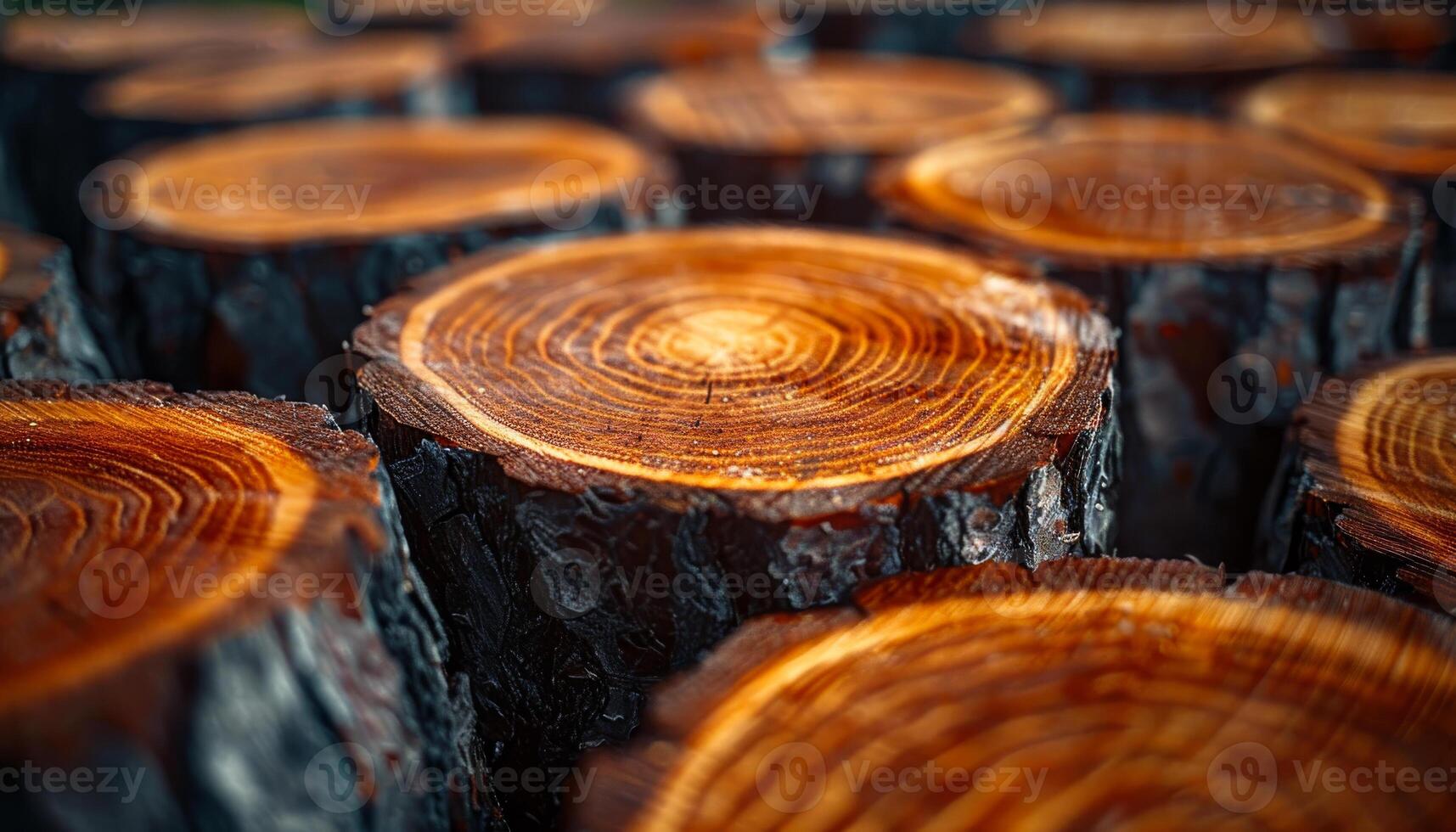 Sunny forest with tree stumps. Close-up of freshly cut tree stumps showing detailed rings under sunlight in a serene forest location. photo