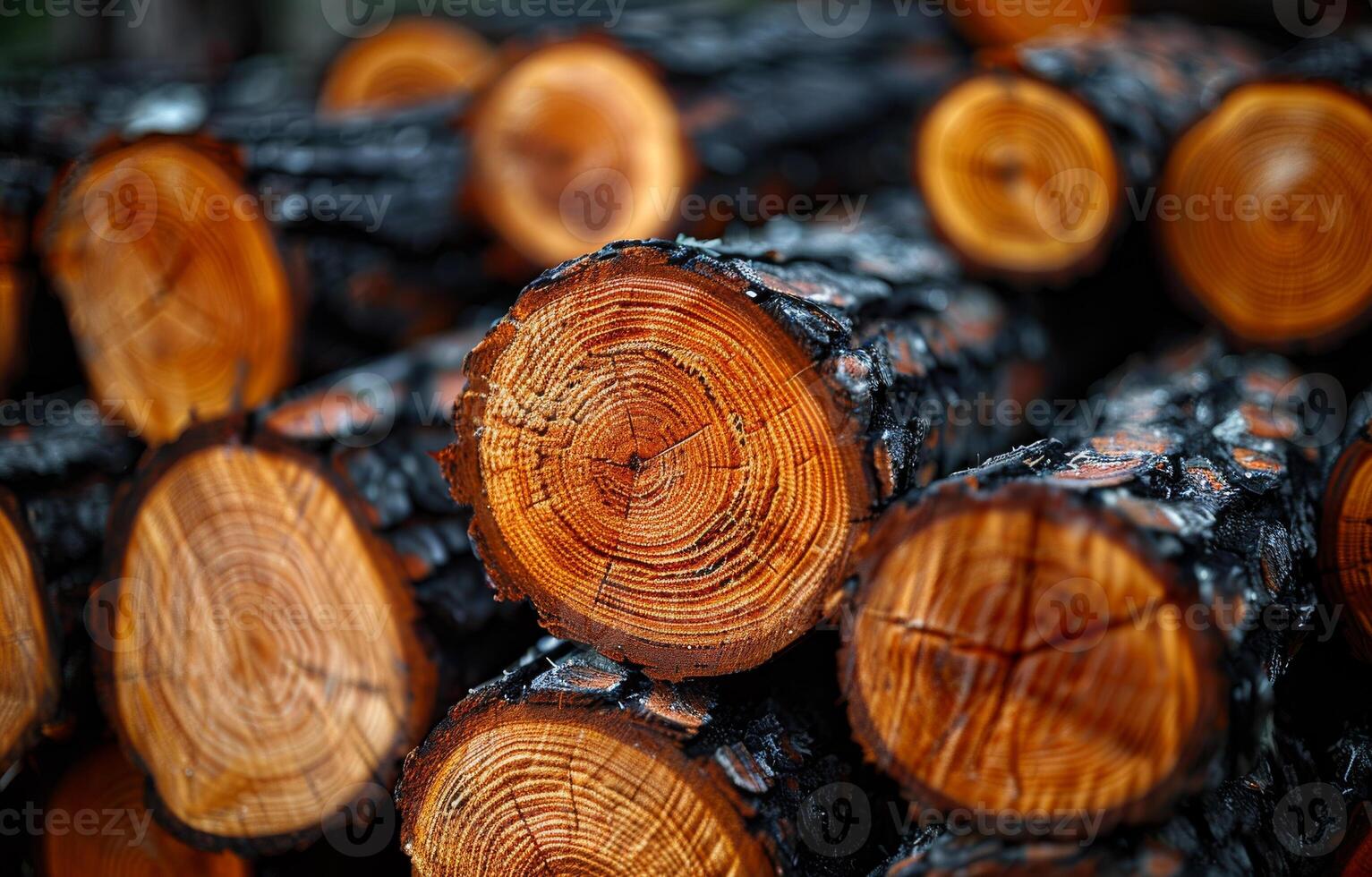 Stacked logs showing detailed wood rings. Close-up of freshly cut logs stacked together, highlighting rich textures and rings that tell their age. photo